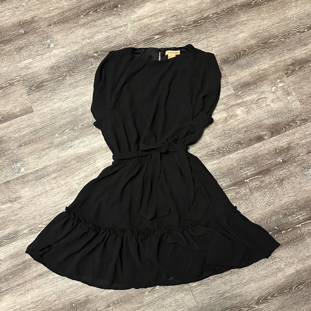 Flying Tomato Black Belted Ruffle-Hem Mini Dress